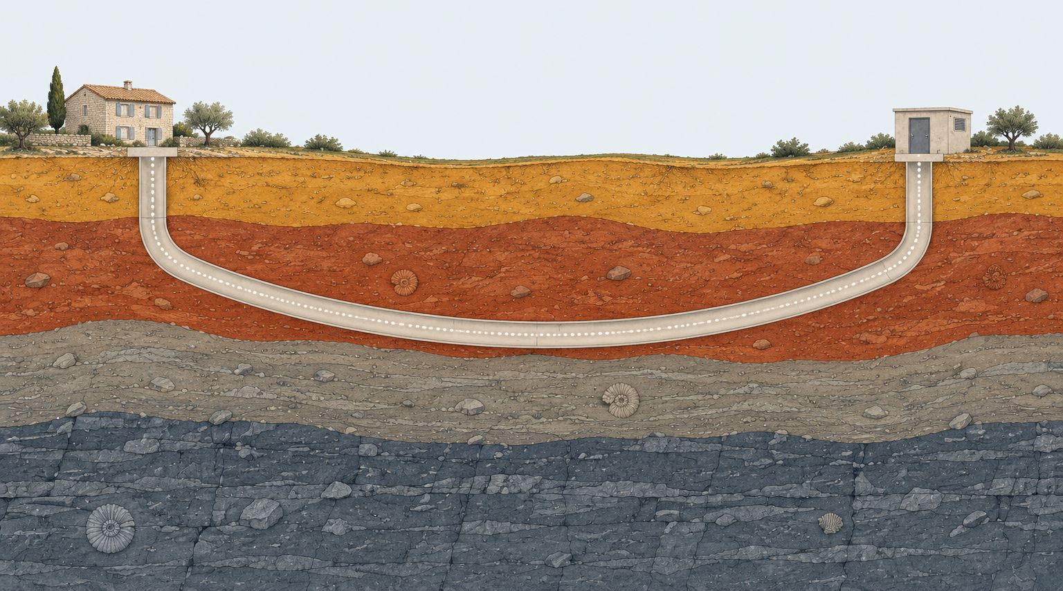 Coupe du sol en Haute-Provence : un tunnel part d'un mas, passe sous les couches de roche et remonte dans la cabane du serveur